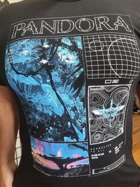 Pandora Black Graphic Tee with Blue and Pink Panels
